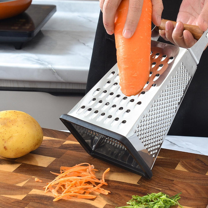 4 Sided Stainless Steel Box Grater Food Shredder for Cucumbers Cheese Ginger Wood Handle