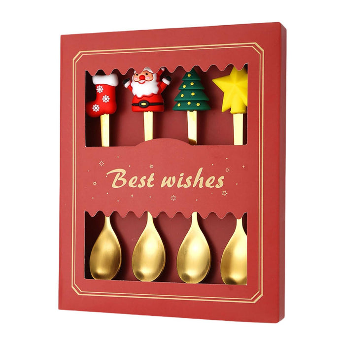 4 Pieces Christmas Spoons Set with Gift Box for Daily Use Restaurant Wedding Red Box