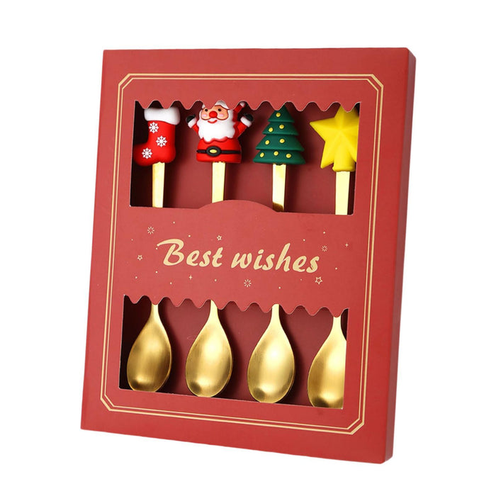 4 Pieces Christmas Spoons Set with Gift Box for Daily Use Restaurant Wedding Red Box