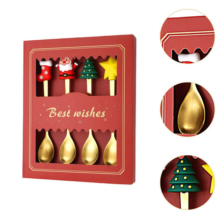 4 Pieces Christmas Spoons Set with Gift Box for Daily Use Restaurant Wedding Red Box