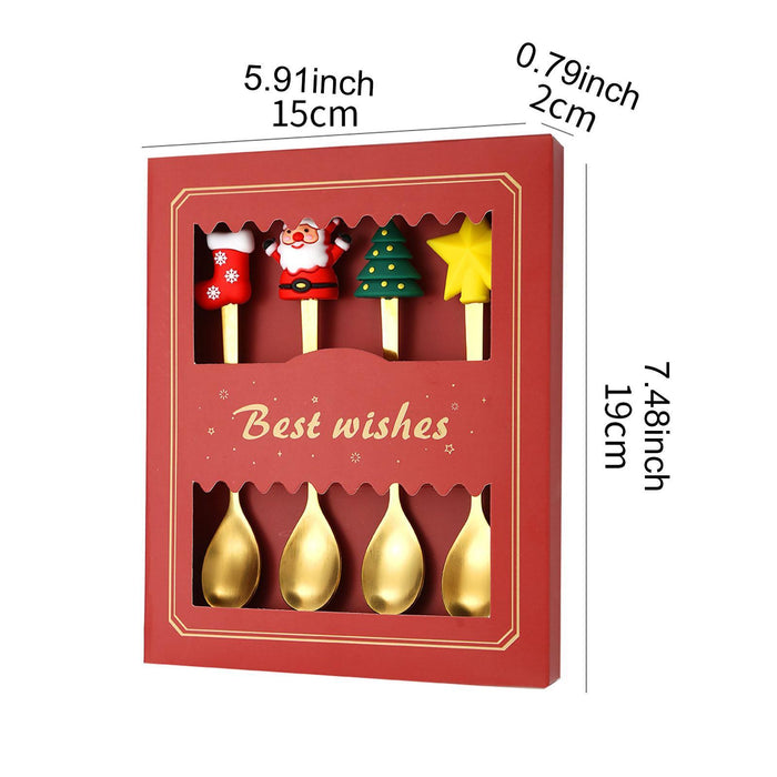 4 Pieces Christmas Spoons Set with Gift Box for Daily Use Restaurant Wedding Red Box