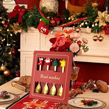 4 Pieces Christmas Spoons Set with Gift Box for Daily Use Restaurant Wedding Red Box