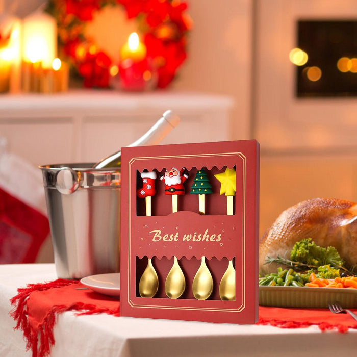 4 Pieces Christmas Spoons Set with Gift Box for Daily Use Restaurant Wedding Red Box