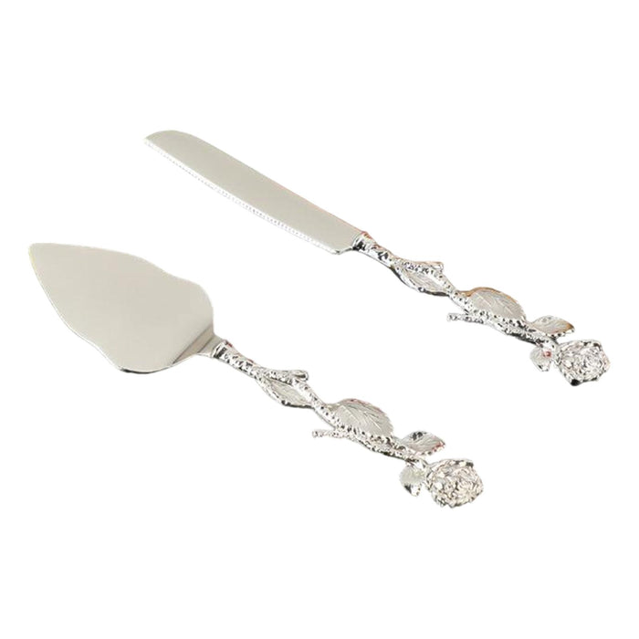 Wedding Cake Knives Server Set Elegant Rose Handle Cake Cutting Set for Gifts silvery