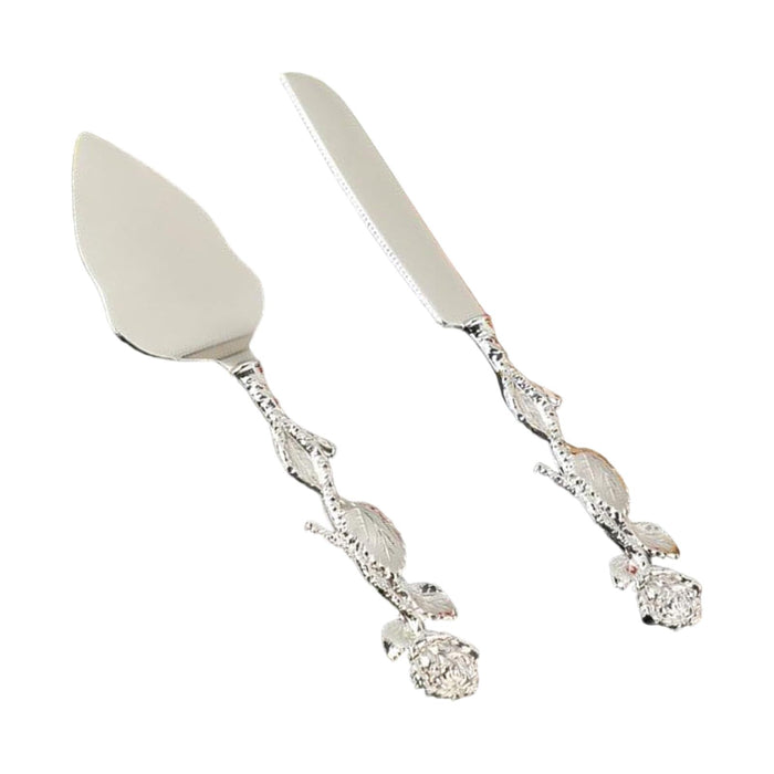 Wedding Cake Knives Server Set Elegant Rose Handle Cake Cutting Set for Gifts silvery