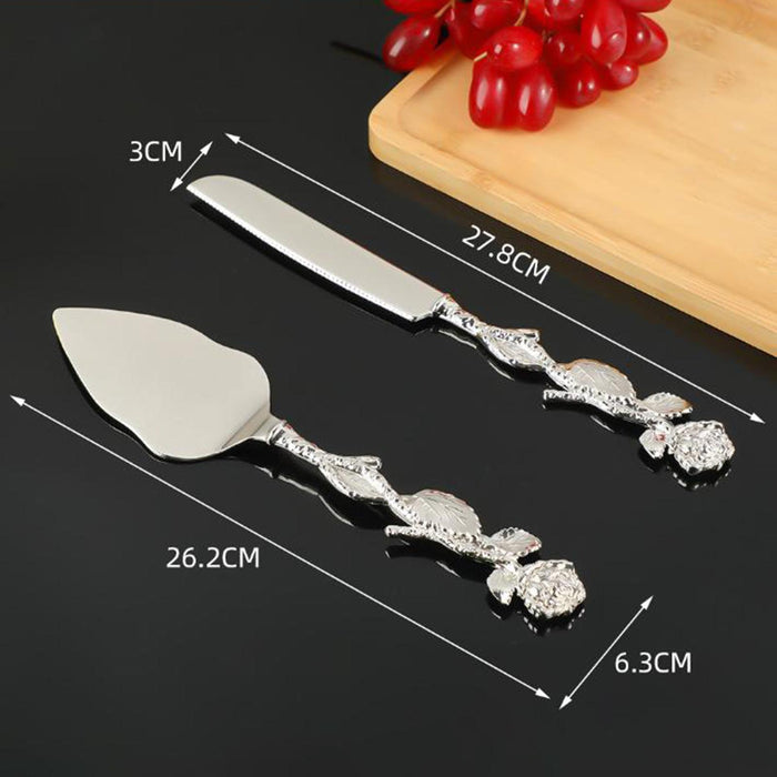 Wedding Cake Knives Server Set Elegant Rose Handle Cake Cutting Set for Gifts silvery