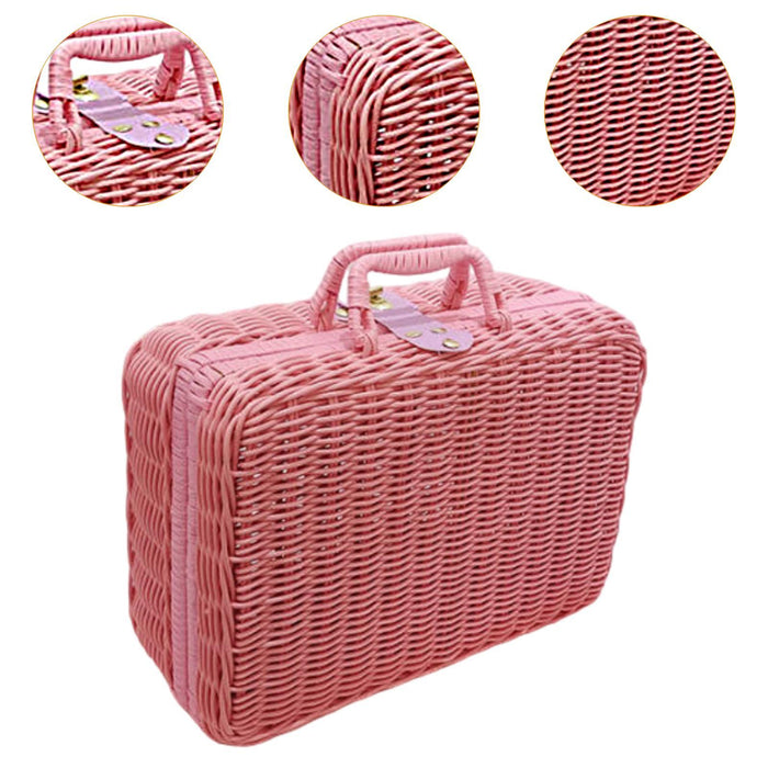 Crofta Woven Suitcase with Handle Portable Picnic Suitcase for Home Outings Desktop Pink S