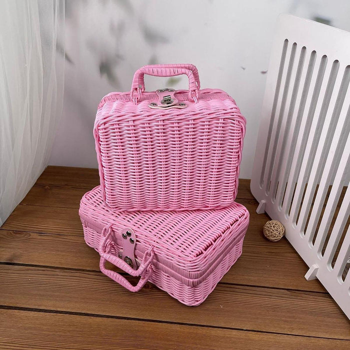 Crofta Woven Suitcase with Handle Portable Picnic Suitcase for Home Outings Desktop Pink S