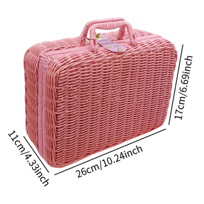 Crofta Woven Suitcase with Handle Portable Picnic Suitcase for Home Outings Desktop Pink M