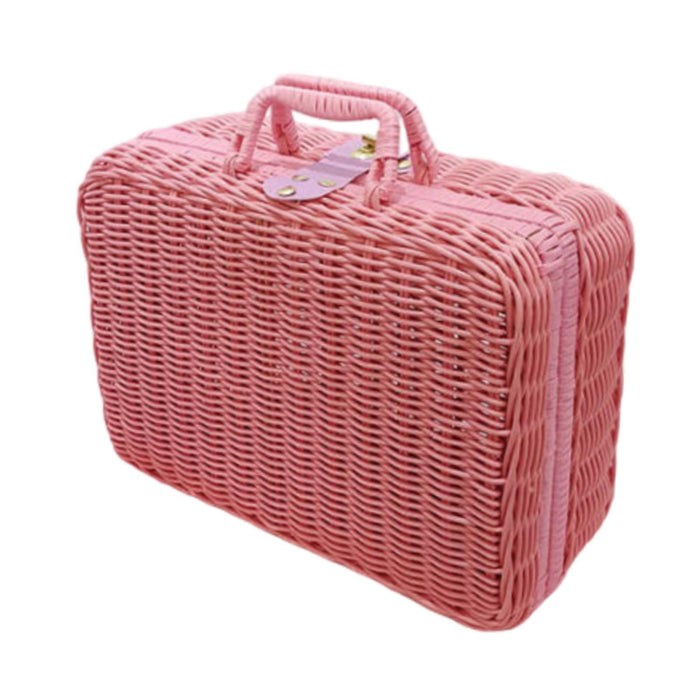 Crofta Woven Suitcase with Handle Portable Picnic Suitcase for Home Outings Desktop Pink M