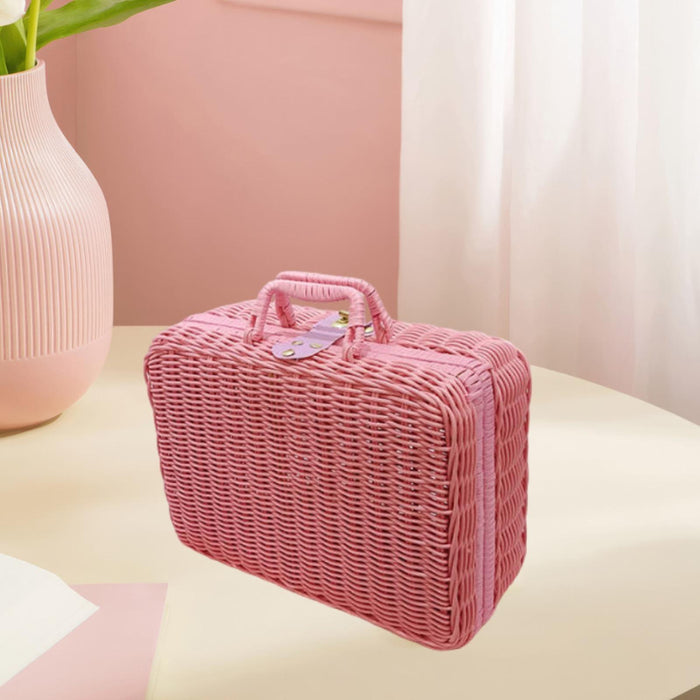 Crofta Woven Suitcase with Handle Portable Picnic Suitcase for Home Outings Desktop Pink M