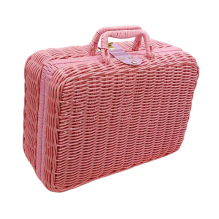 Crofta Woven Suitcase with Handle Portable Picnic Suitcase for Home Outings Desktop Pink L