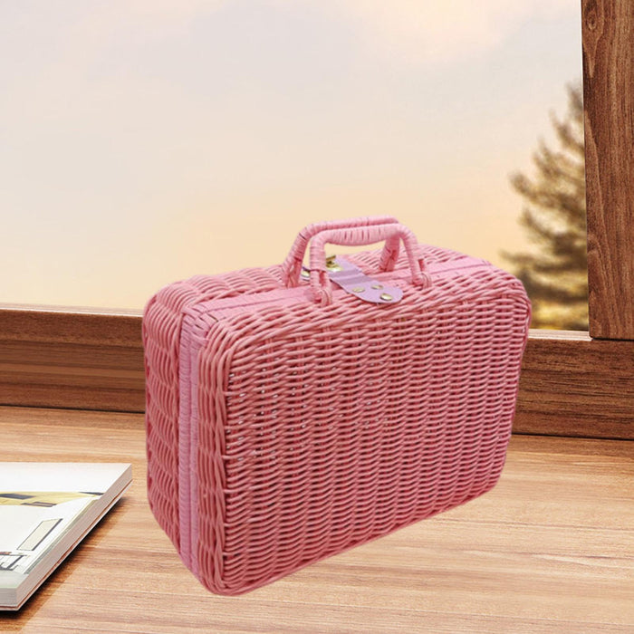 Crofta Woven Suitcase with Handle Portable Picnic Suitcase for Home Outings Desktop Pink L