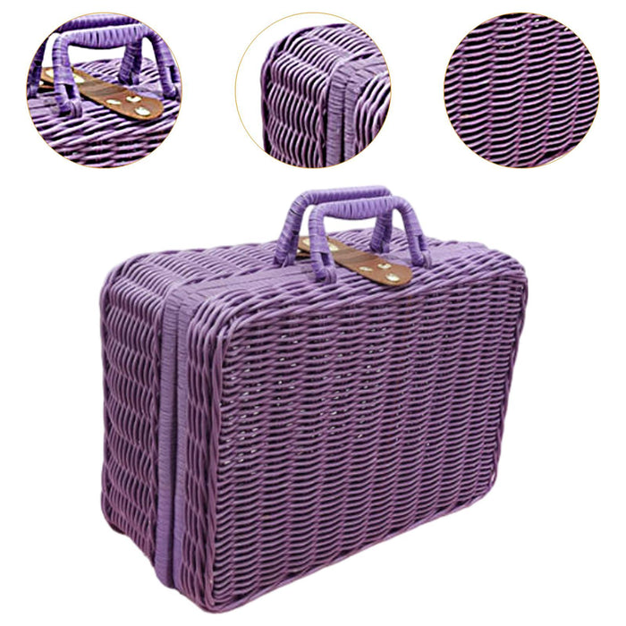 Crofta Woven Suitcase with Handle Portable Picnic Suitcase for Home Outings Desktop Violet S