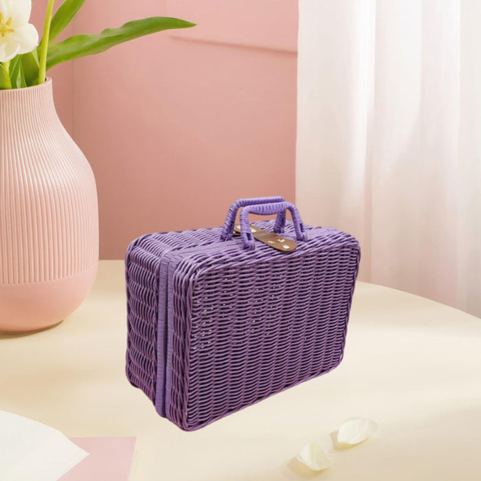 Crofta Woven Suitcase with Handle Portable Picnic Suitcase for Home Outings Desktop Violet S