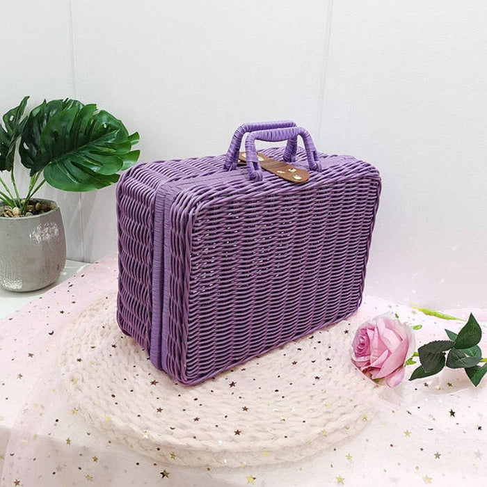 Crofta Woven Suitcase with Handle Portable Picnic Suitcase for Home Outings Desktop Violet S