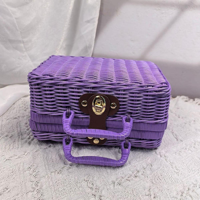 Crofta Woven Suitcase with Handle Portable Picnic Suitcase for Home Outings Desktop Violet M