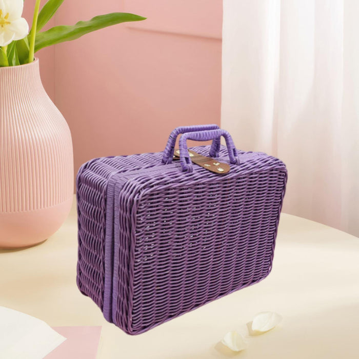 Crofta Woven Suitcase with Handle Portable Picnic Suitcase for Home Outings Desktop Violet XL