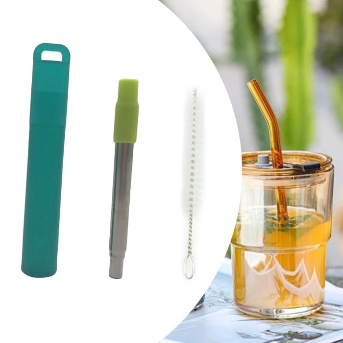 Crofta Reusable Straw Retractable for Drinking Keychain Gifts Long Telescopic Straw green