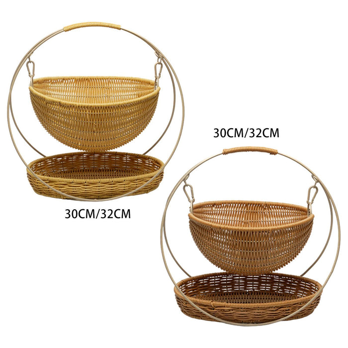 Crofta Woven Storage Basket Rustic with Top Handle 2-tier Tray for Home Snack Beach beige small