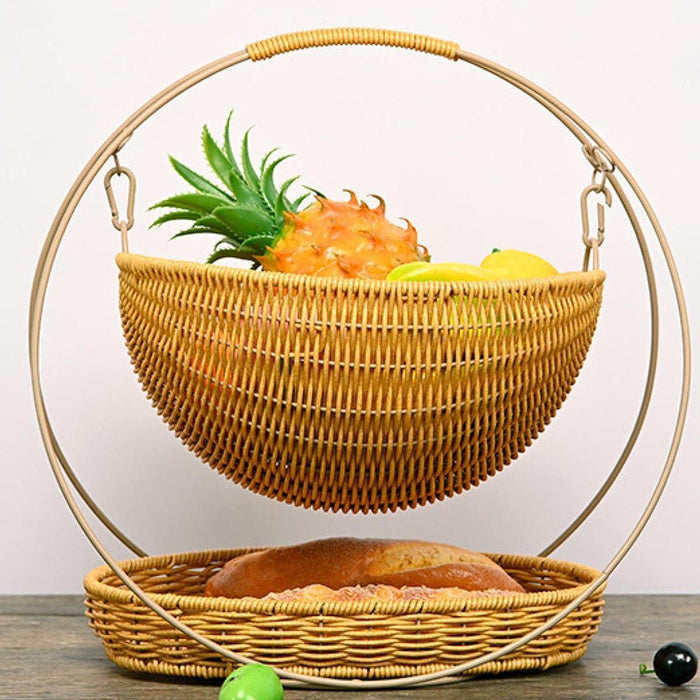 Crofta Woven Storage Basket Rustic with Top Handle 2-tier Tray for Home Snack Beach beige small