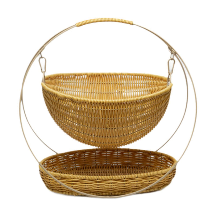 Crofta Woven Storage Basket Rustic with Top Handle 2-tier Tray for Home Snack Beach beige small