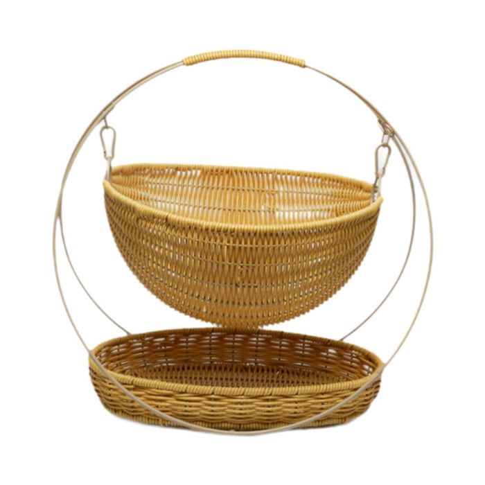 Crofta Woven Storage Basket Rustic with Top Handle 2-tier Tray for Home Snack Beach beige small