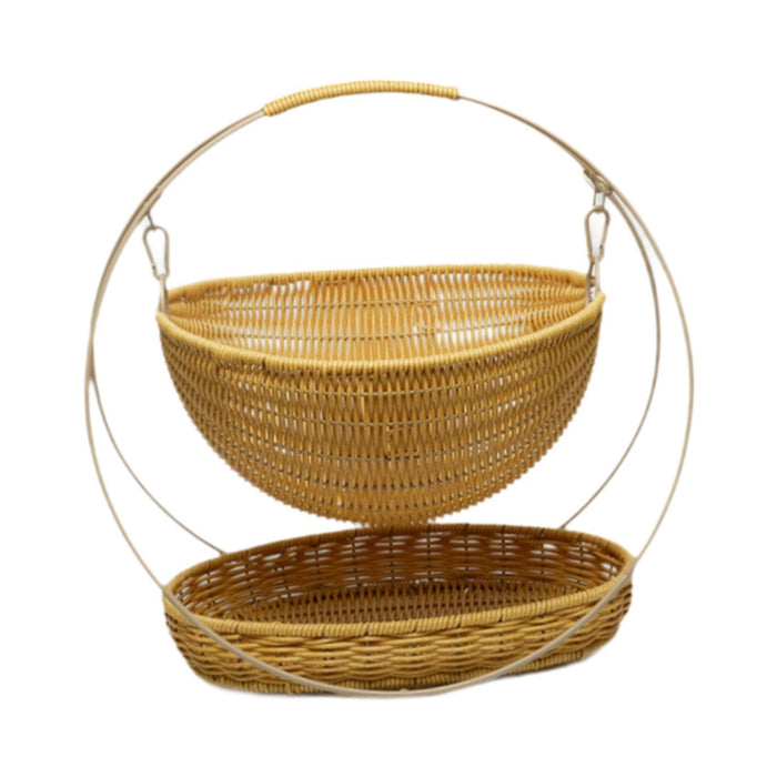 Crofta Woven Storage Basket Rustic with Top Handle 2-tier Tray for Home Snack Beach beige small