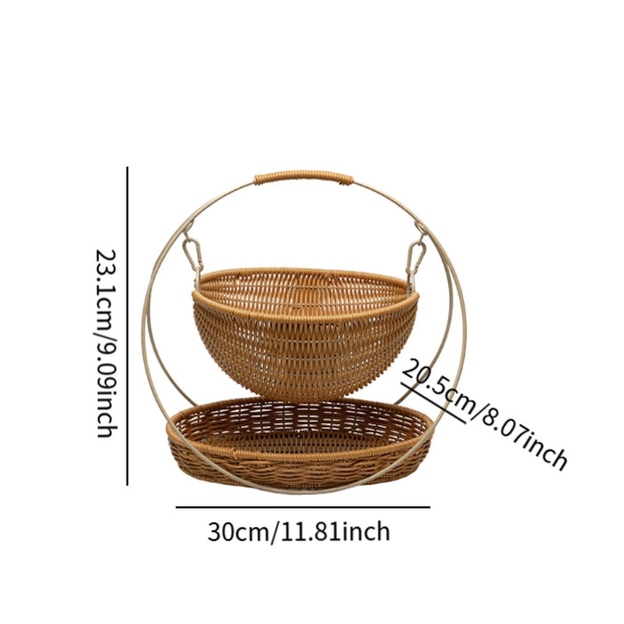 Crofta Woven Storage Basket Rustic with Top Handle 2-tier Tray for Home Snack Beach brown small