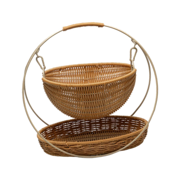 Crofta Woven Storage Basket Rustic with Top Handle 2-tier Tray for Home Snack Beach brown small