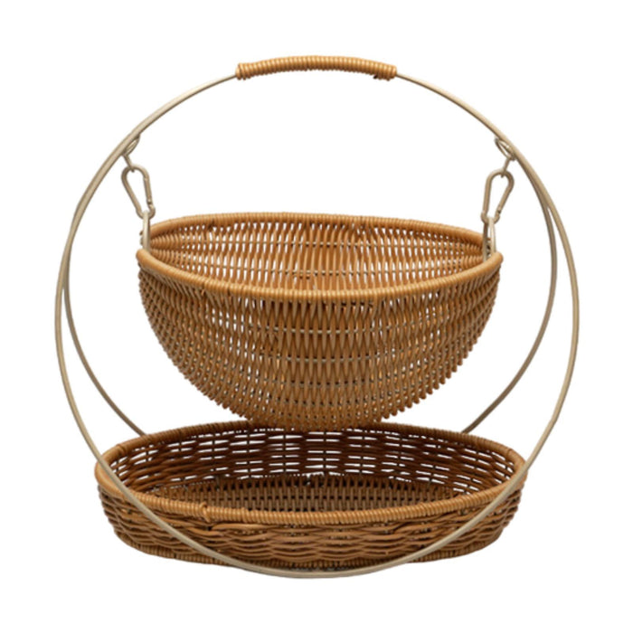 Crofta Woven Storage Basket Rustic with Top Handle 2-tier Tray for Home Snack Beach brown small