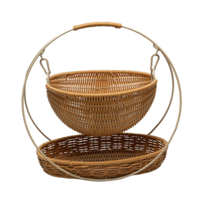 Crofta Woven Storage Basket Rustic with Top Handle 2-tier Tray for Home Snack Beach brown small