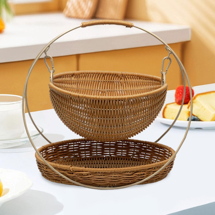 Crofta Woven Storage Basket Rustic with Top Handle 2-tier Tray for Home Snack Beach brown small