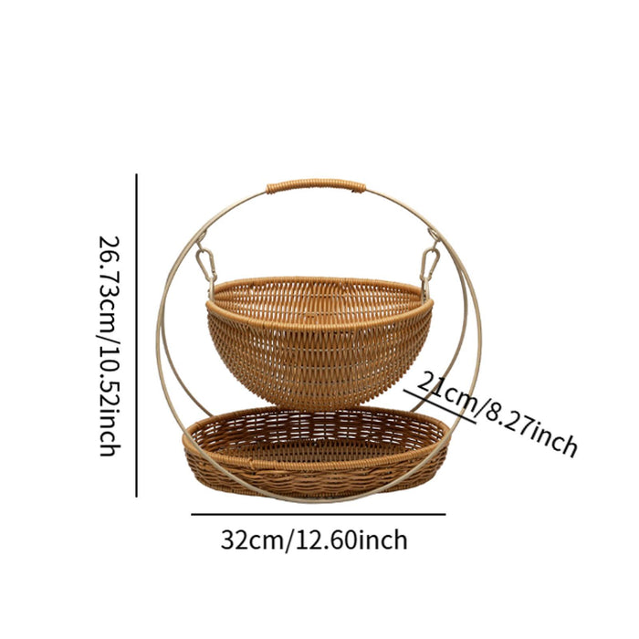 Crofta Woven Storage Basket Rustic with Top Handle 2-tier Tray for Home Snack Beach brown large