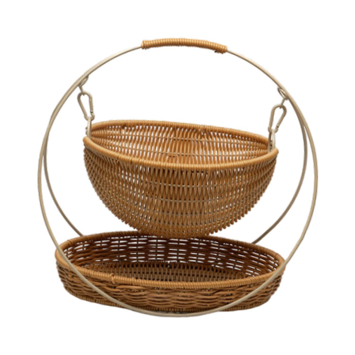 Crofta Woven Storage Basket Rustic with Top Handle 2-tier Tray for Home Snack Beach brown large