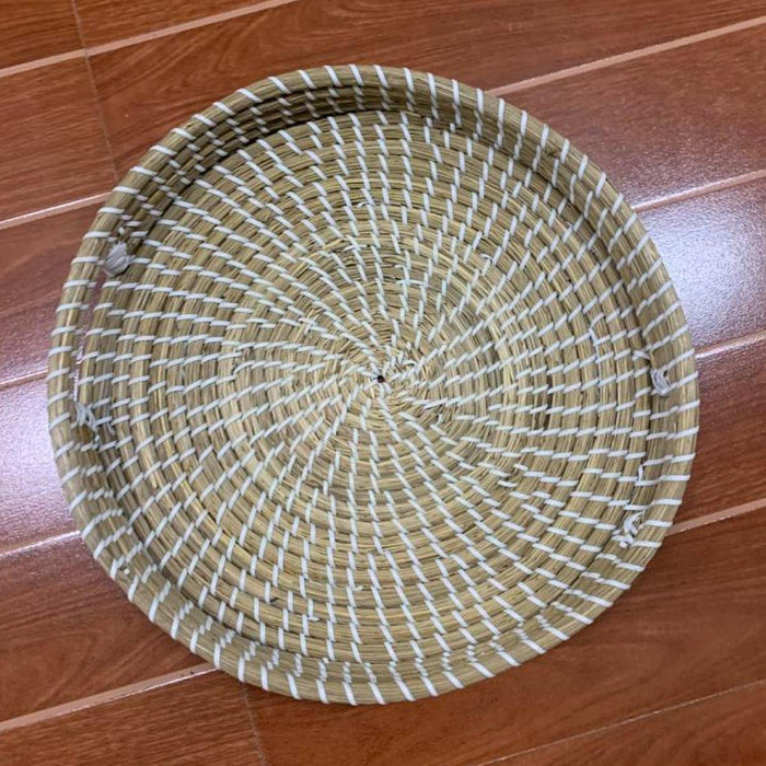 Crofta Woven Serving Tray Seagrass Round Woven Basket for Coffee Table Drinks Snack