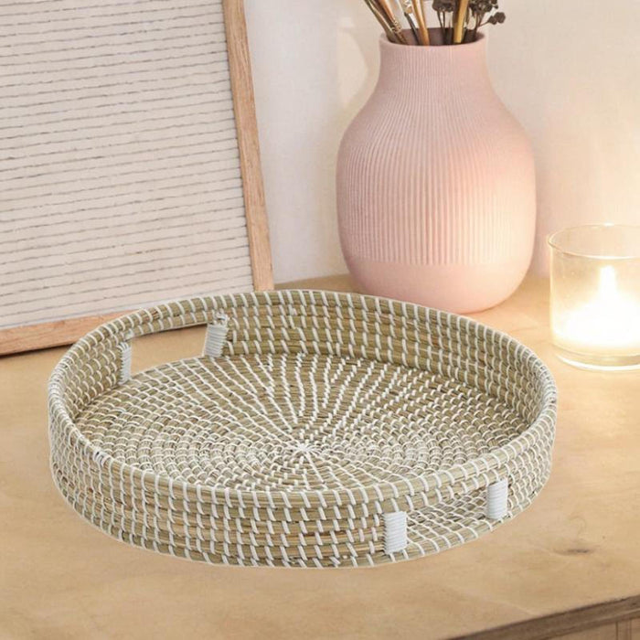 Crofta Woven Serving Tray Seagrass Round Woven Basket for Coffee Table Drinks Snack