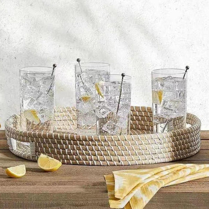 Crofta Woven Serving Tray Seagrass Round Woven Basket for Coffee Table Drinks Snack