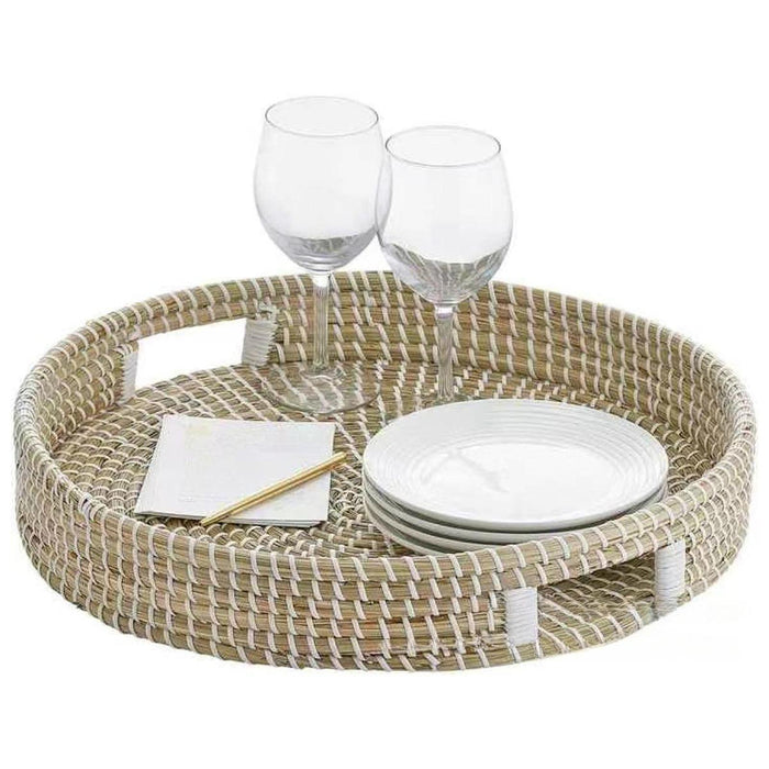 Crofta Woven Serving Tray Seagrass Round Woven Basket for Coffee Table Drinks Snack