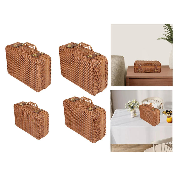 Crofta Imitation Rattan Storage Basket with Lid Suitcase for Household Travel Table S