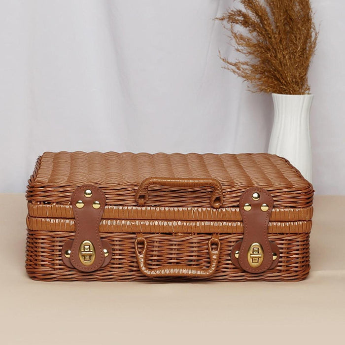 Crofta Imitation Rattan Storage Basket with Lid Suitcase for Household Travel Table S