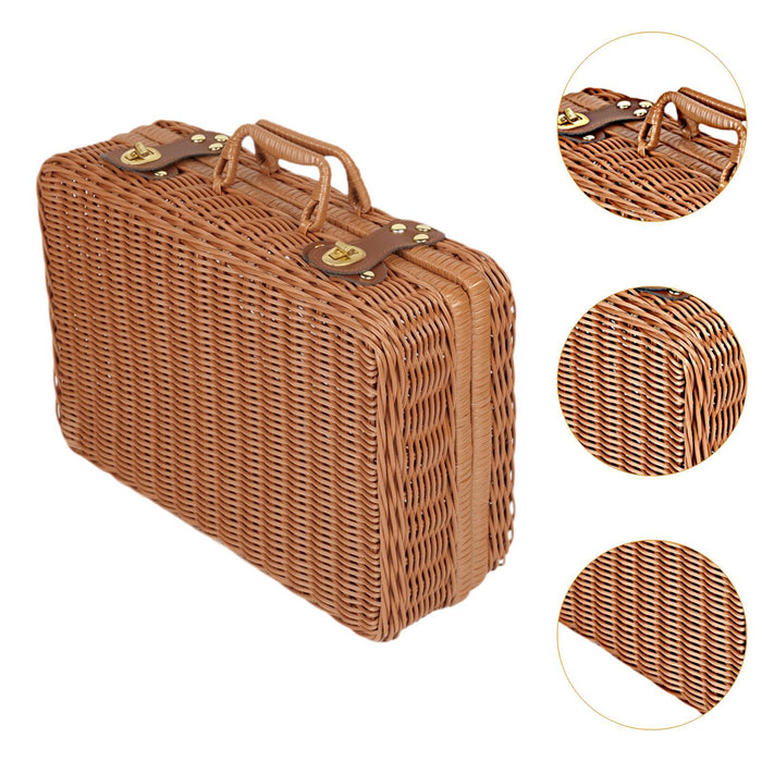 Crofta Imitation Rattan Storage Basket with Lid Suitcase for Household Travel Table M