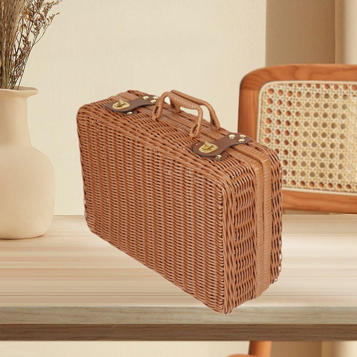 Crofta Imitation Rattan Storage Basket with Lid Suitcase for Household Travel Table M