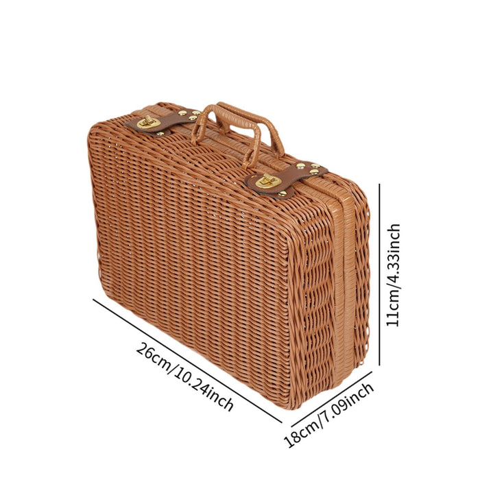 Crofta Imitation Rattan Storage Basket with Lid Suitcase for Household Travel Table M