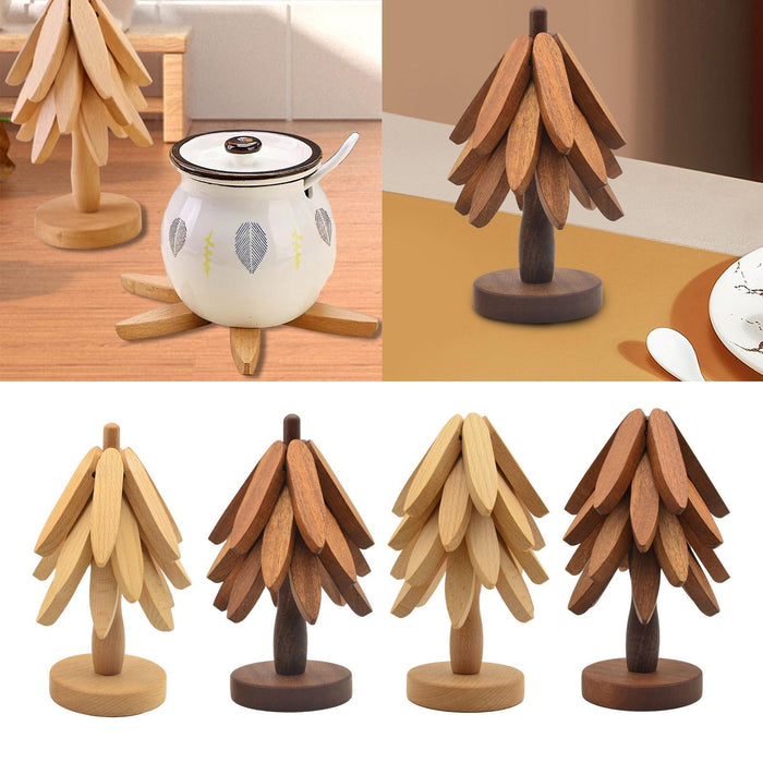 Crofta Wooden Tree Shape Trivets Foldable Creative for Hot Pot Holders Dishes Teapot Beech 3 layers