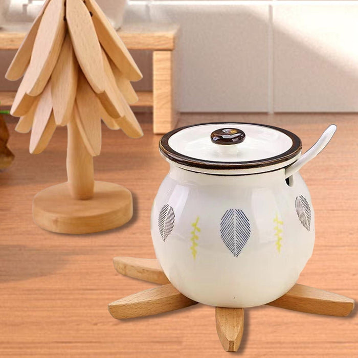 Crofta Wooden Tree Shape Trivets Foldable Creative for Hot Pot Holders Dishes Teapot Beech 3 layers