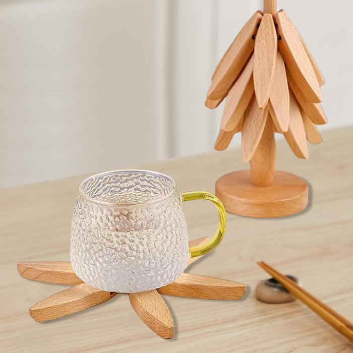 Crofta Wooden Tree Shape Trivets Foldable Creative for Hot Pot Holders Dishes Teapot Beech 3 layers