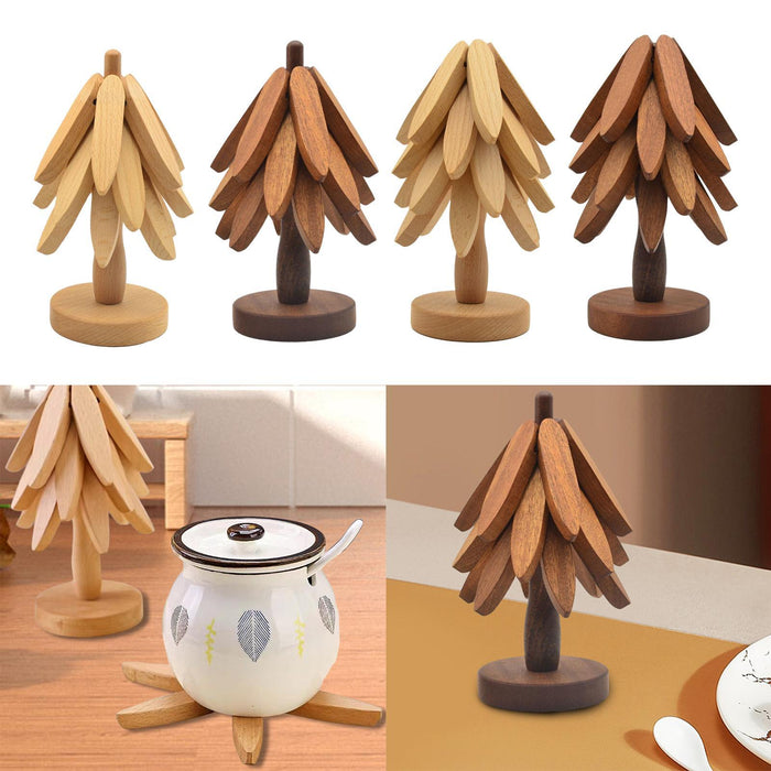 Crofta Wooden Tree Shape Trivets Foldable Creative for Hot Pot Holders Dishes Teapot Beech 3 layers