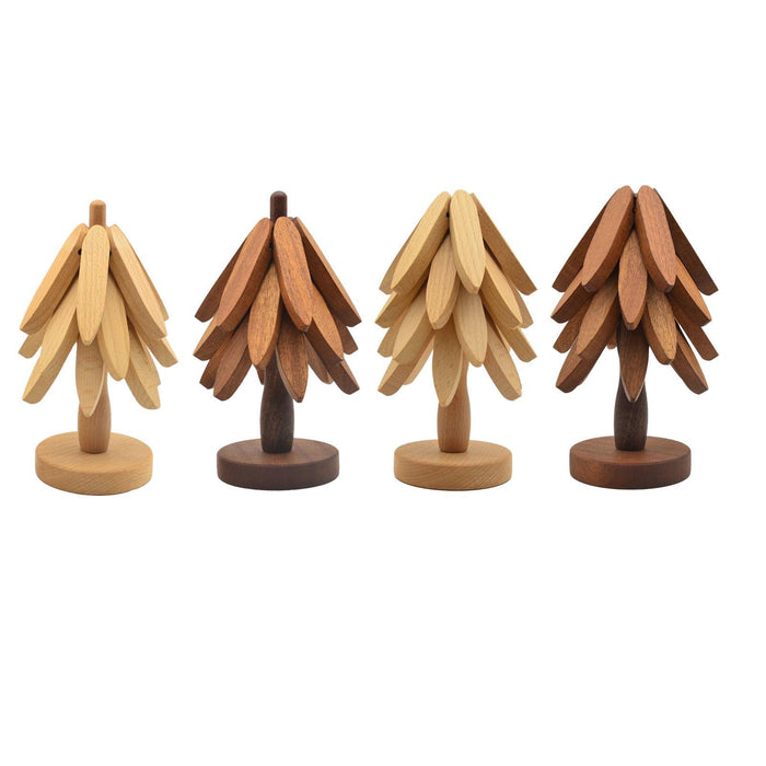 Crofta Wooden Tree Shape Trivets Foldable Creative for Hot Pot Holders Dishes Teapot Beech 3 layers