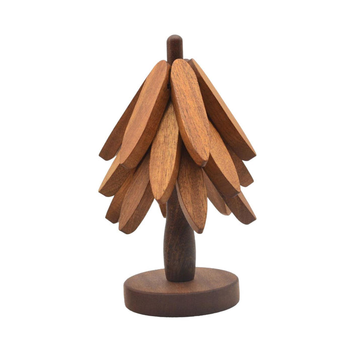 Crofta Wooden Tree Shape Trivets Foldable Creative for Hot Pot Holders Dishes Teapot Sapele 3 layers